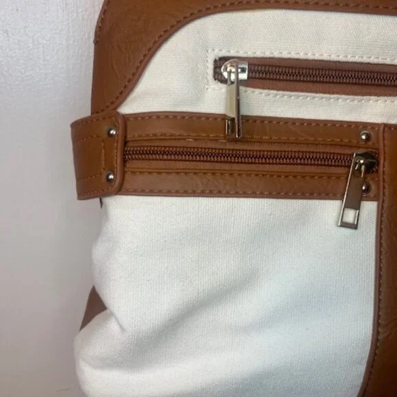 B Amici Amelia White Canvas & Tan Trimming Satchel Shoulder Bag - Picture 4 of 16